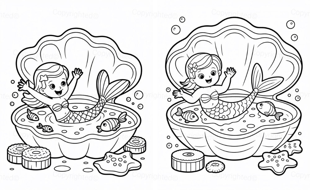 Playful Mermaid Relaxing in a Seashell Bath